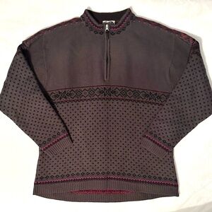 Vintage Obermeyer Sweater Fair Isle 100% Wool 1/4 Zip Dark Gray Men L Nordic Ski